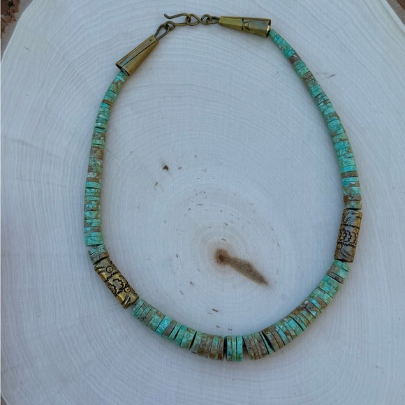 RARE_VINTAGE_Santo Domingo Tony Aguilar Sr. Brass & NATURAL Turquoise Necklace - Picture 3 of 16